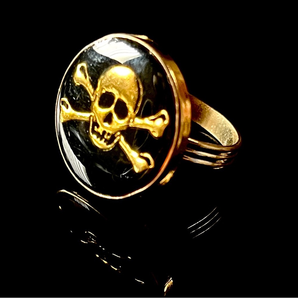 Ye Ol Pirate Ring Gold Brass Adjustable Ring with Goth Skull and Cross Bones